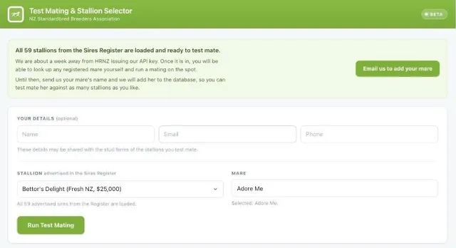 The NZSBA Test Mating and Stallion Selector tool