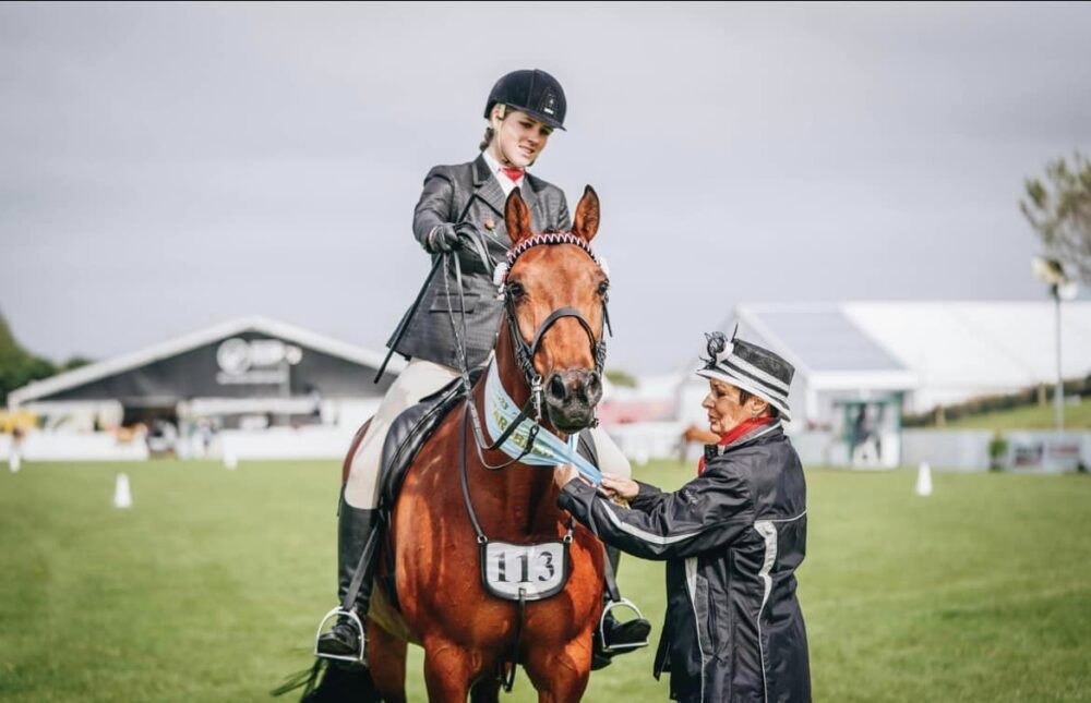 Young rider receiving a sash on a bay Standardbred at Horse of the Year